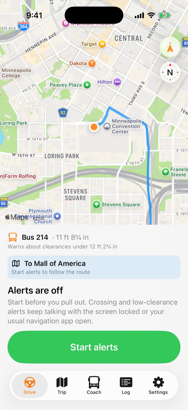 Drive tab: the route on a map, today's coach and trip, and the Start alerts button