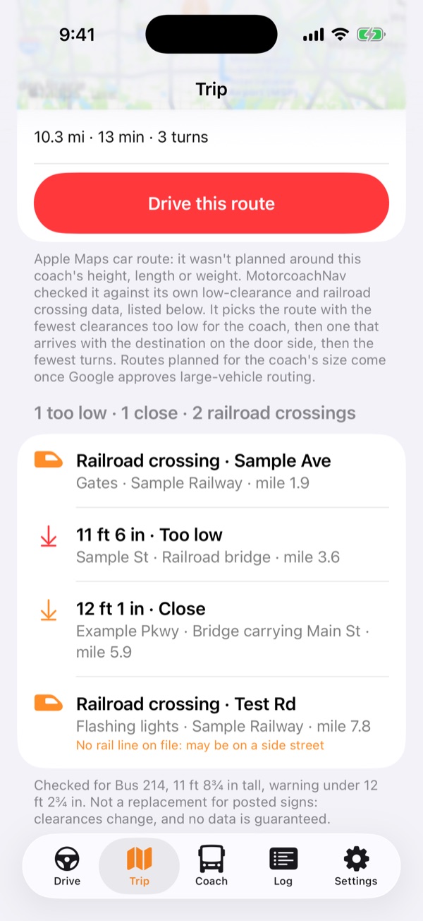 Trip tab: the low clearances and railroad crossings on the route, by mile