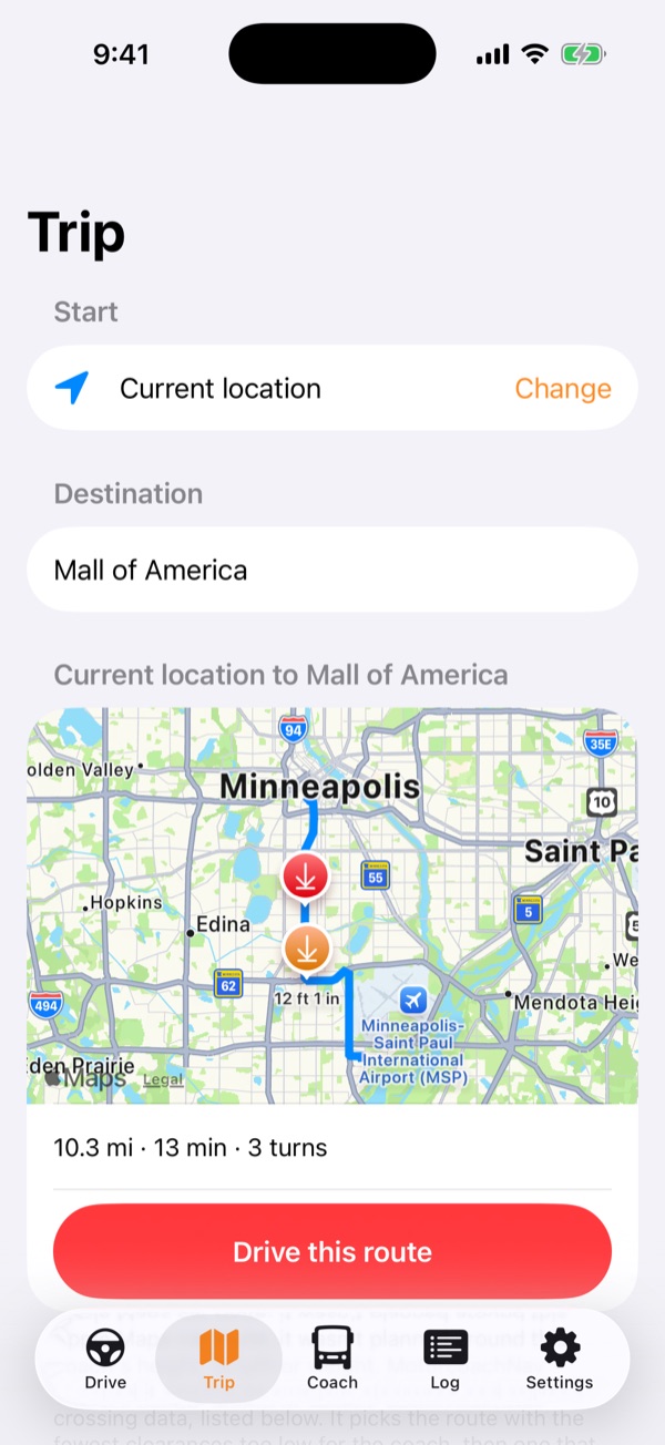 Trip tab: a start, a destination and the route on a map